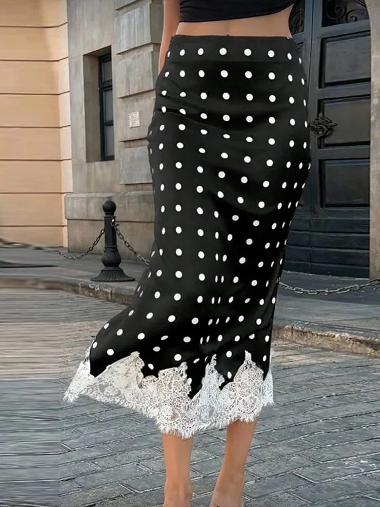 Spitzen-Patchwork Polka Dot Langer Rock Damen Sexy Hochgeschnittener Hüftbetonter Panelierter Schlanker Rock Charmante Damen Bodycon Partykleidung Neu – Detail 13