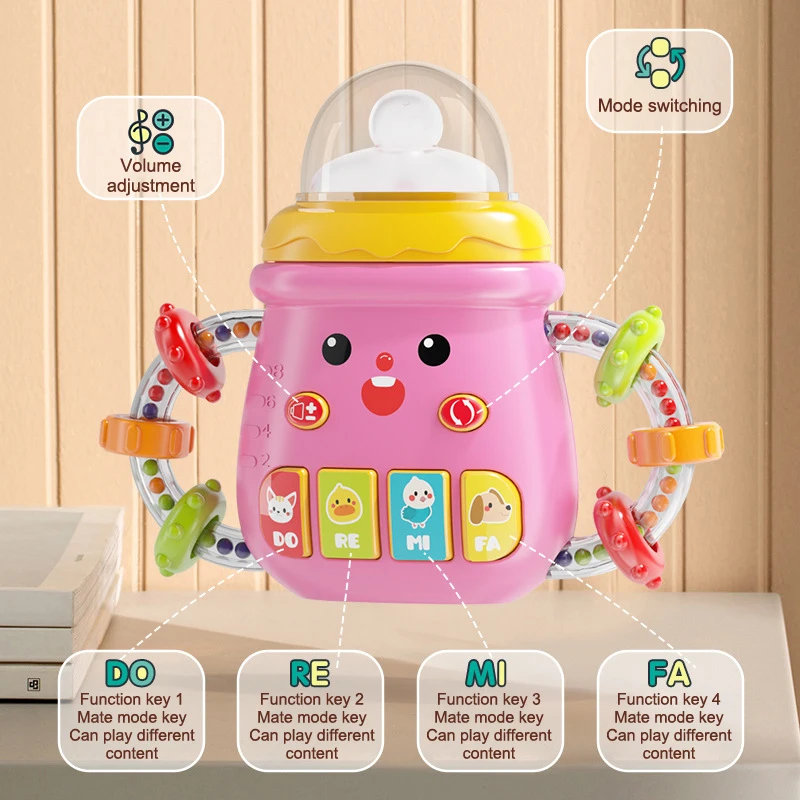 0-12M Dziecięca muzyczna butelka do karmienia, smoczek, miękki gryzak dla noworodka, grzechotki, zabawka edukacyjna, karuzela, uspokajające muzyczne grzechotki z wokalem