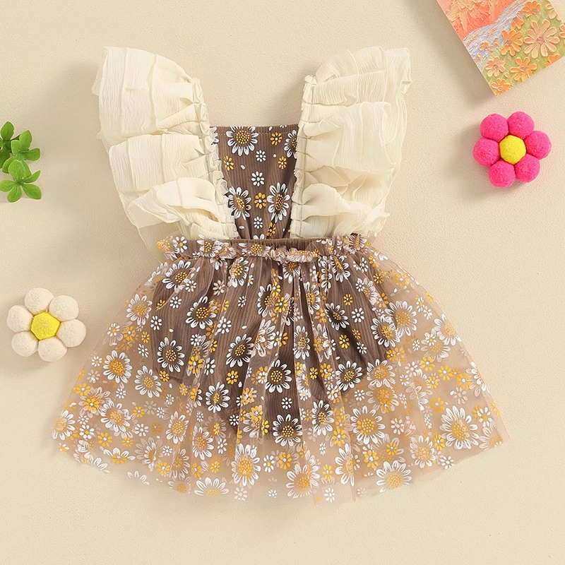 

Baby Girls Rompers Dress Daisy Print Fly Sleeve Mesh Skirt Hem Infant Bodysuits Summer Casual Jumpsuits Children's Clothing