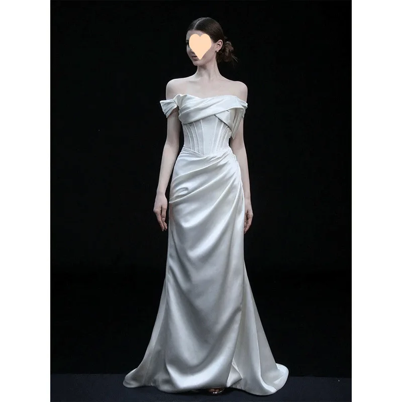 

Simplified oulder One-oulder Light Wedding Dr Ele Satin White Dr Summer New Simple Forest System Tailcoat Dr