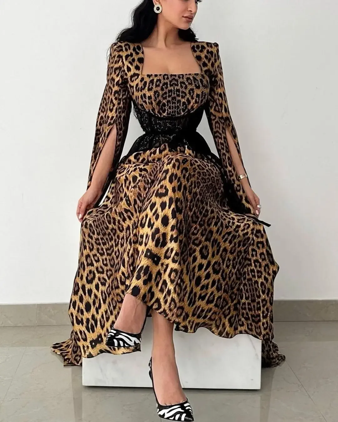 2024 klassische Boots hals Leopard Cap Ärmel knöchel lange Abschluss ball Kleid Taille Spitze Gürtel Saudi-Arabien Satin Abend party فساتين سInfining