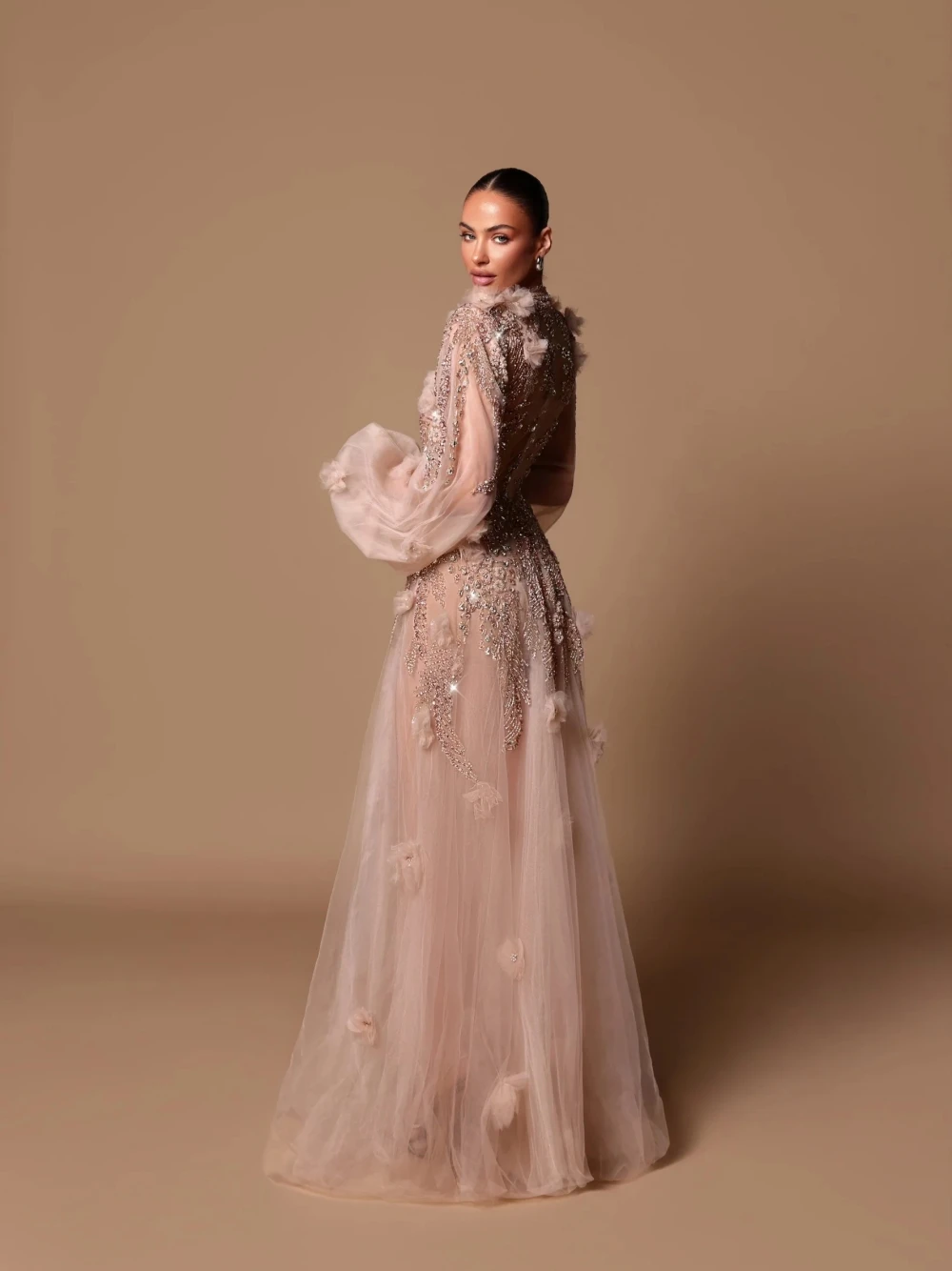 Elegante A-lijn romantische hoge hals avondjurk bloemen op maat gemaakte prom charmante vrouwen uitgesneden pailletten kristallen feestkleding