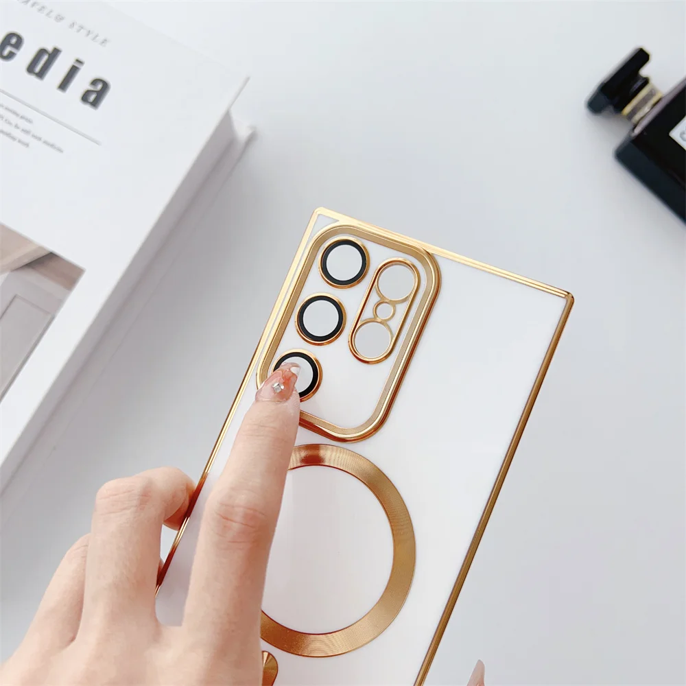 Gold Plating Camera Lens Protection Magnetic Case for Samsung Galaxy S26 Ultra/S25 Solid Color Funda S23 Ultra/S22 Plus/S21