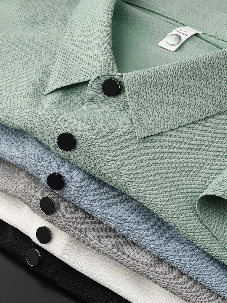 

Высококачественная легкая мужская футболка из ледяного шелка с воротником-стойкой, коротким рукавом, приталенная, быстросохнущая, повседневная, в стиле поло