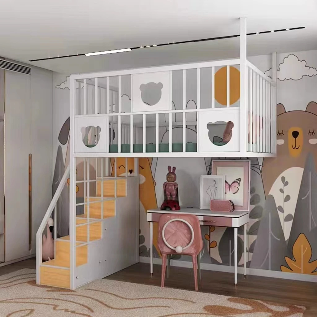 

Wrought iron elevated bed space saving bed duplex loft bed apartment multi-function upper bunk suspended hammock