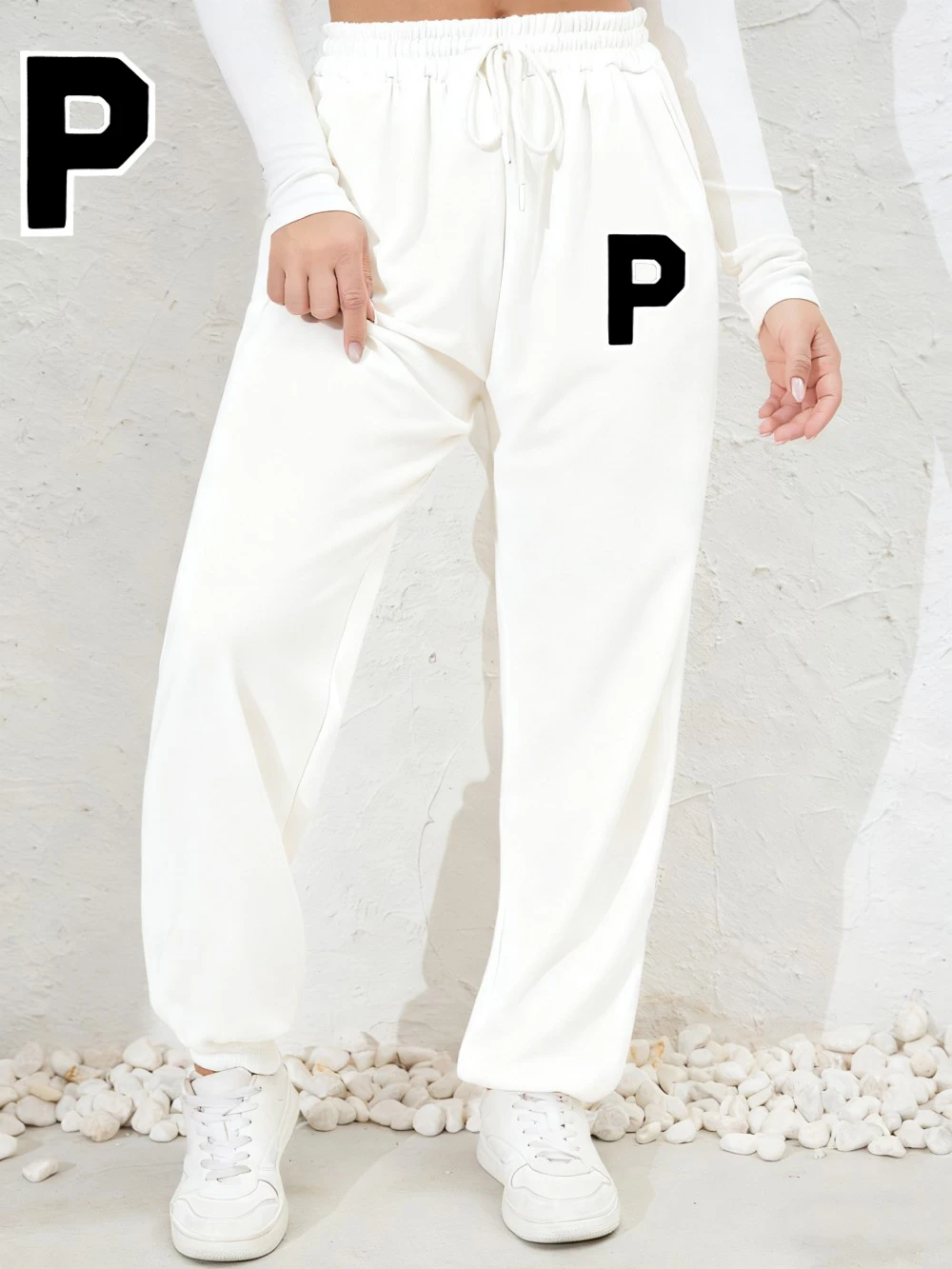 Letter P Printing Sweatpants Womens Autumn Winter Pants Elastic Waist Fleece Warm Comfortable Trousers Casual Womans Clothing
