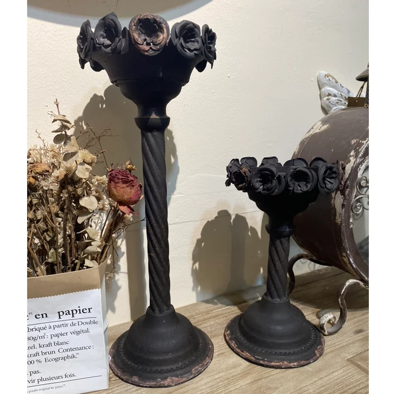 Set of 2 Pieces Handcraft Rustic Metal Iron Flower Design Candle Holder, Pedestal Display Stand