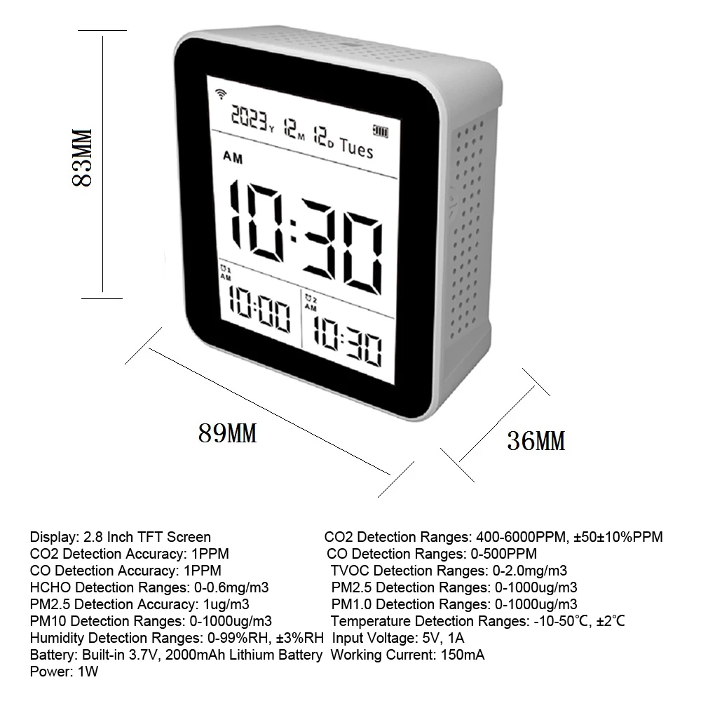 14 in 1 Tuya WIFI Intelligent Air Quality Monitor Indoor CO2 Detector CO2/CO/TVOC/HCHO/PM2.5/PM1.0/PM10/Temperature/Humidity