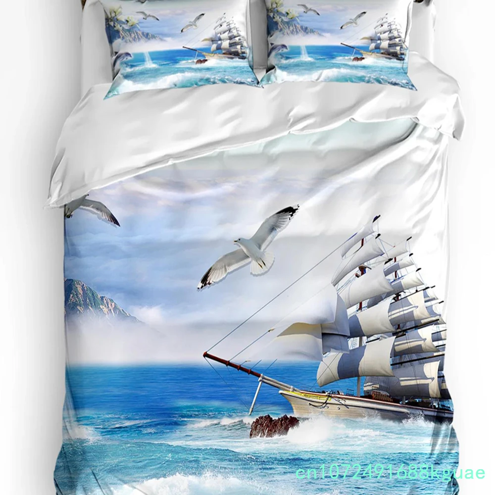 Sailing Sailboats Seagull Dolphin Sea Clouds Duvet Cover Bed Bedding Set Home Quilt Cover Pillowcases Bedding Set No Sheet