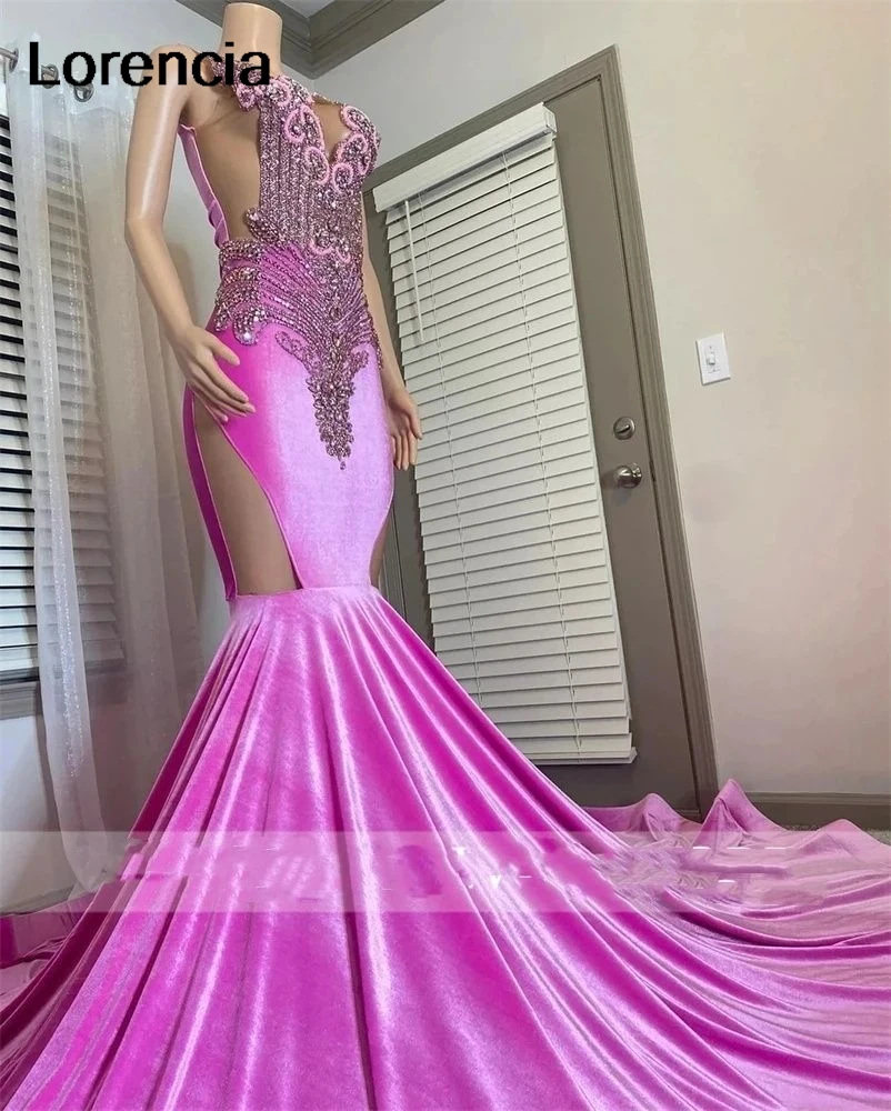 Lorencia Pink Beaded Crystal Long Mermaid Prom Dress per Black Girls O Neck Birthday Party Gowns Mermaid Robe De Soiree YPD64