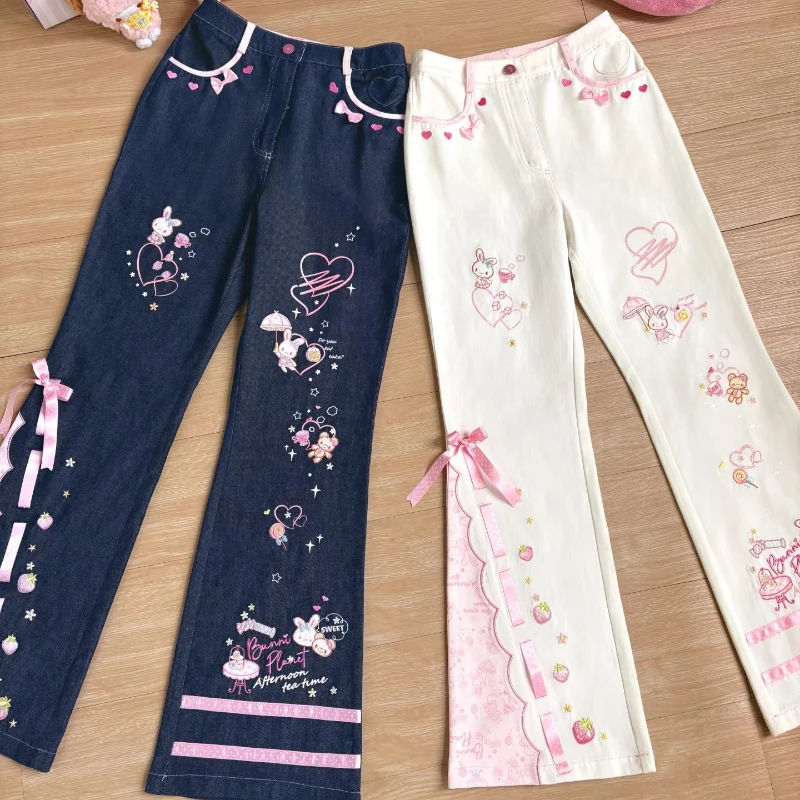 Kawaii Sweet Japanese Harajuku Flare Jeans Women Rabbit Strawberry Embroidery Bow Trim High Waist Slim Fit Casual Denim Pants