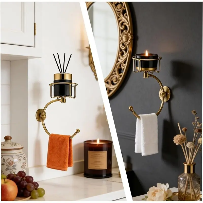 [HOT!A34R】 Multi-Functional Bathroom Wall Hand Towel Holder With Aromatherapy/Candle Support, Wall Hooks, Candle Holders