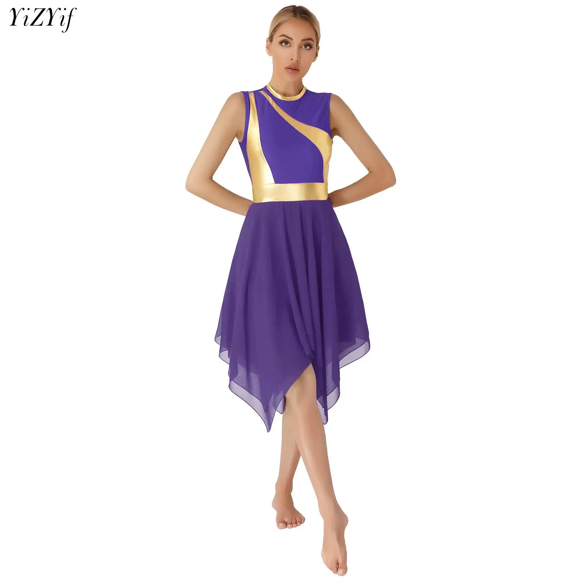 Women Modern Lyrical Dance Costume Sleeveless Irregular Hem Dress Dancewear Ballet Gymnastics Figure Skating Leotard Dress