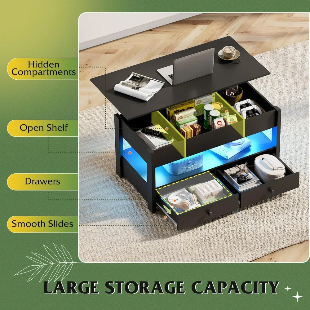 Mesa de Centro Elevable Negra WLIVE con 2 Cajones y Luz LED - Estante Abierto de Gran Capacidad para Sala de Estar, Muebles Modernos para el Hogar