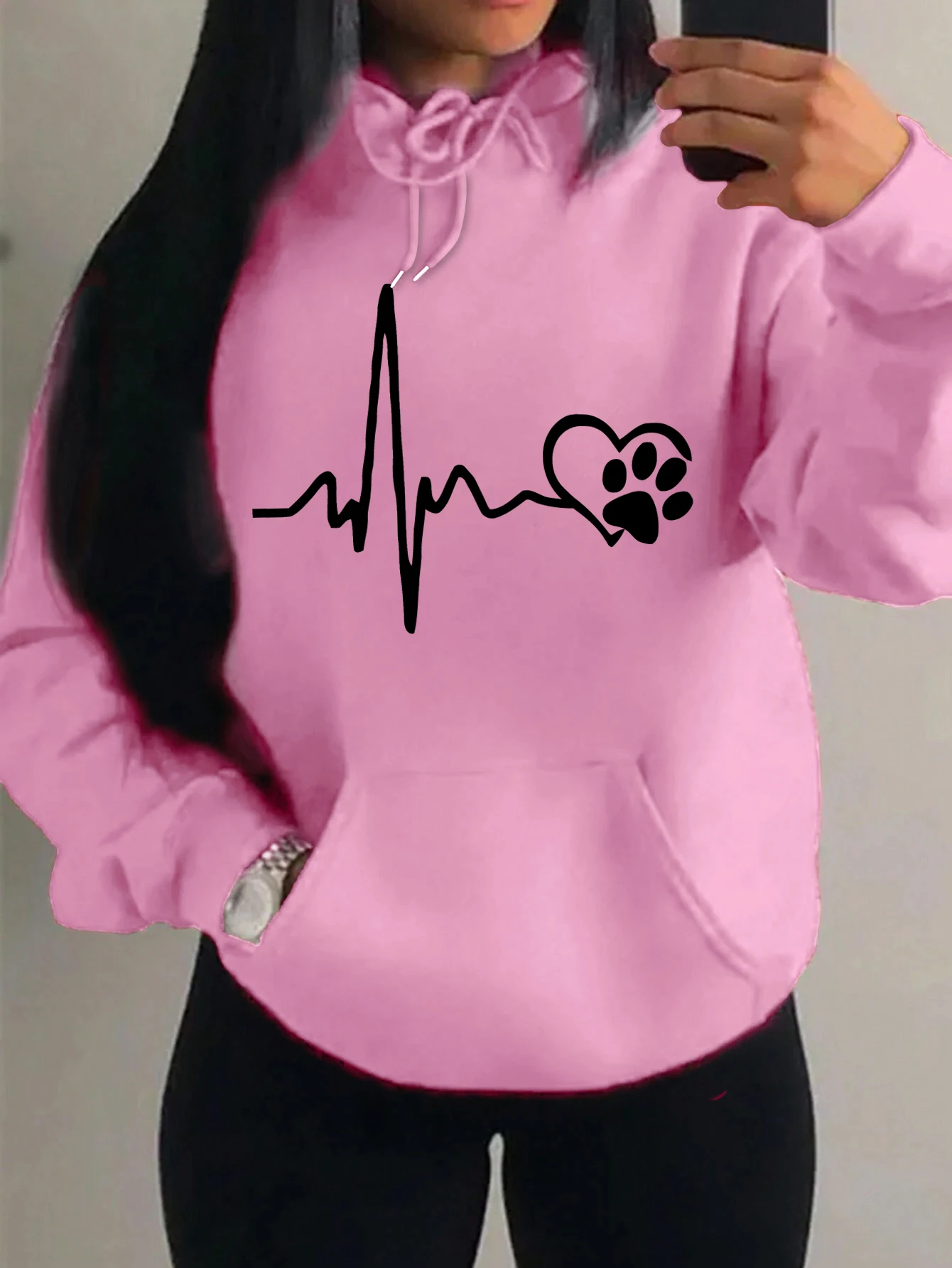 

Footprint Love ECGCreative Print Women Hoodie Fashion Fleece Sweatshirt Casual Multicolor Hoody Fashion Pocket Female Streetwear