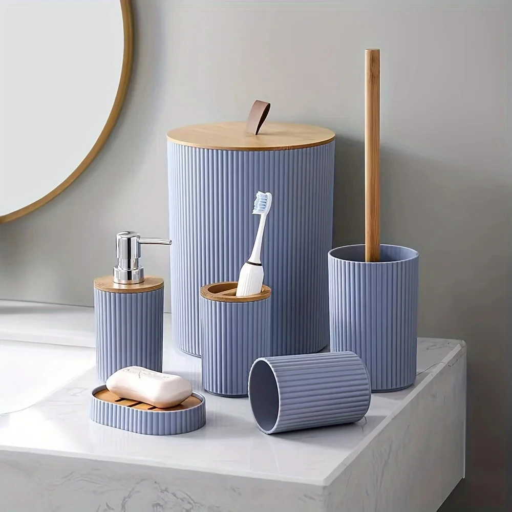 Bathroom 6 Pcs Accessory Set With Trash Can Toothbrush Holder Lotion Soap Dispenser Soap Dish Toilet Brush  Tools