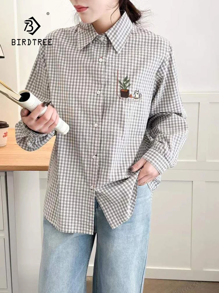 جديد 2025 الخريف قميص قطني بكم طويل ، المرأة بدوره إلى أسفل طوق منقوشة التطريز ، موري فتاة ريترو الحلو بلوزة فضفاضة T59319CC