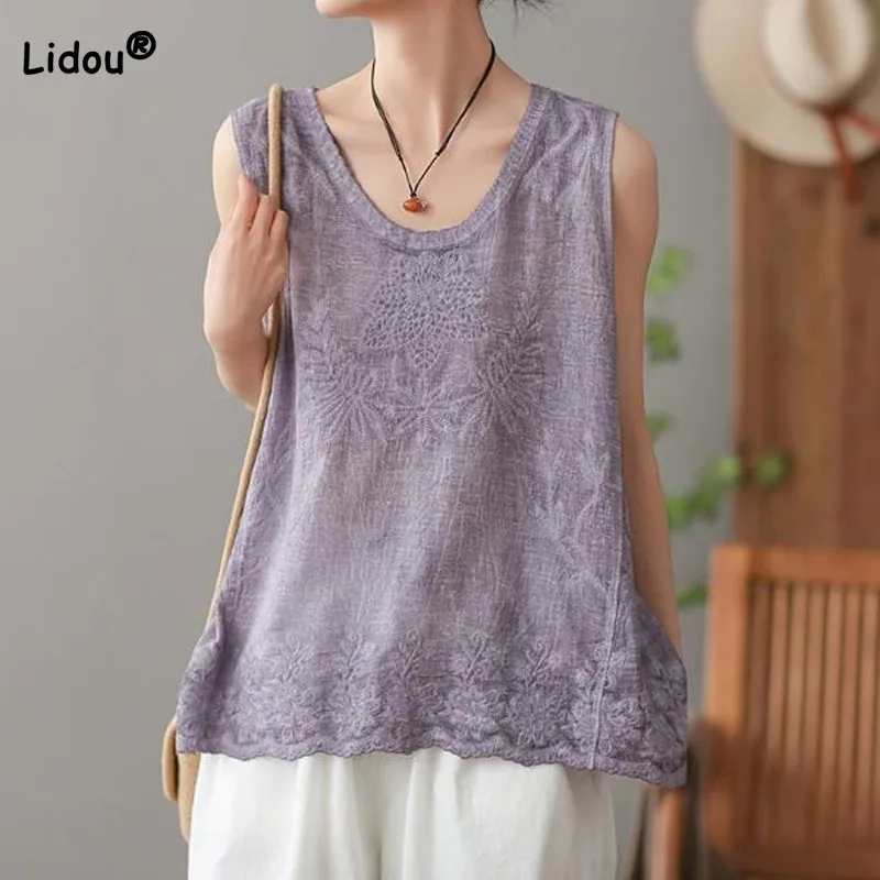 

Female Vintage Embroidery Loose Sleeveless Tanks 2023 Summer Women's Clothing Elegant Round Neck Solid Color All-match T-shirt