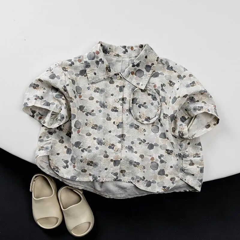 

2025 Summer New Children Shirts Fashion Print Boys Short Sleeve Loose Shirts Thin Cotton Kids Girls Casual Coat Baby Lapel Tops