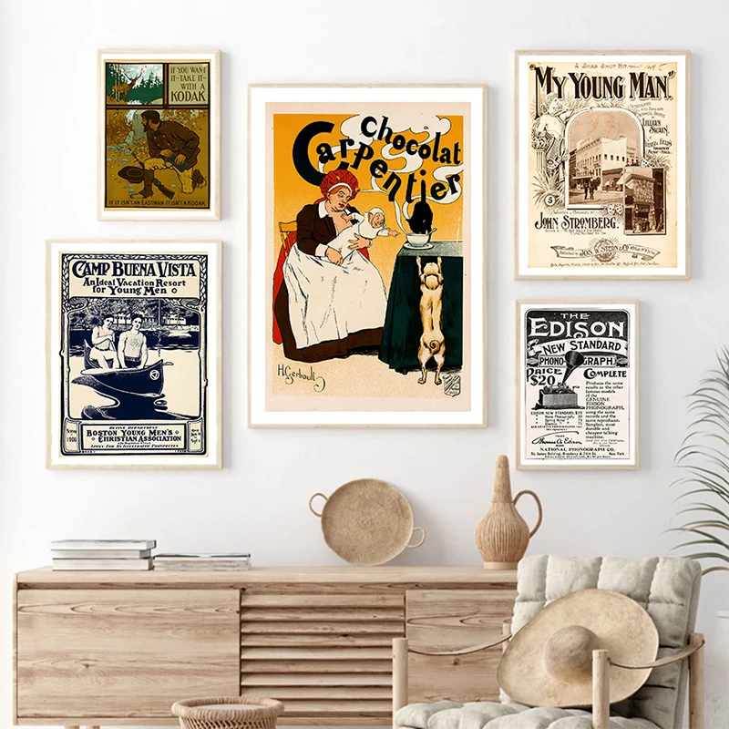 Retro Advertisements in France and The United States Poster Art Nouveau Canvas Painting Antique Wall Art Picture Home Decor