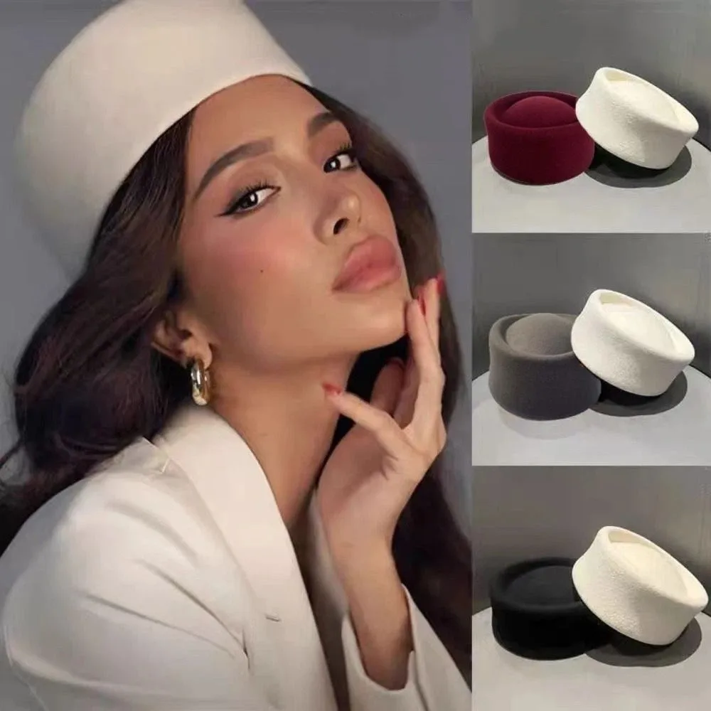 Vintage Looking Pillbox Hat French Style Dome Woolen Top Hat Solid Color Versatile Airline Stewardess Caps Ball