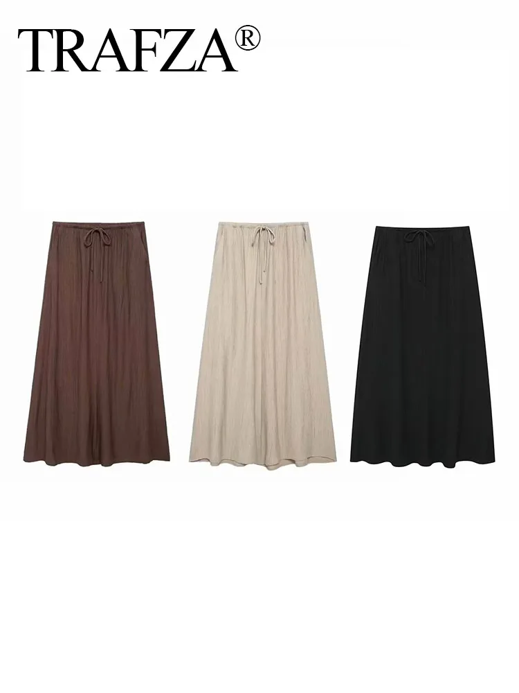 

TRAFZA Summer Woman's Drawstring Pleated High Waist Decorate Solid Long Skirt Female New Side Pockets Vintage Slim Skirt Mujer