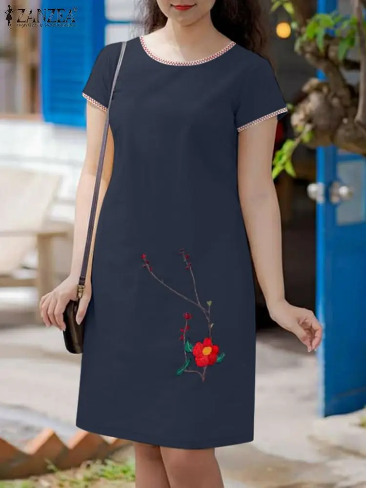 

ZANZEA Women Summer Short Sleeve Knee-length Dress Vintage Floral Embroidery Casual Holiday Vestidos Solid Robe Femme Sundress