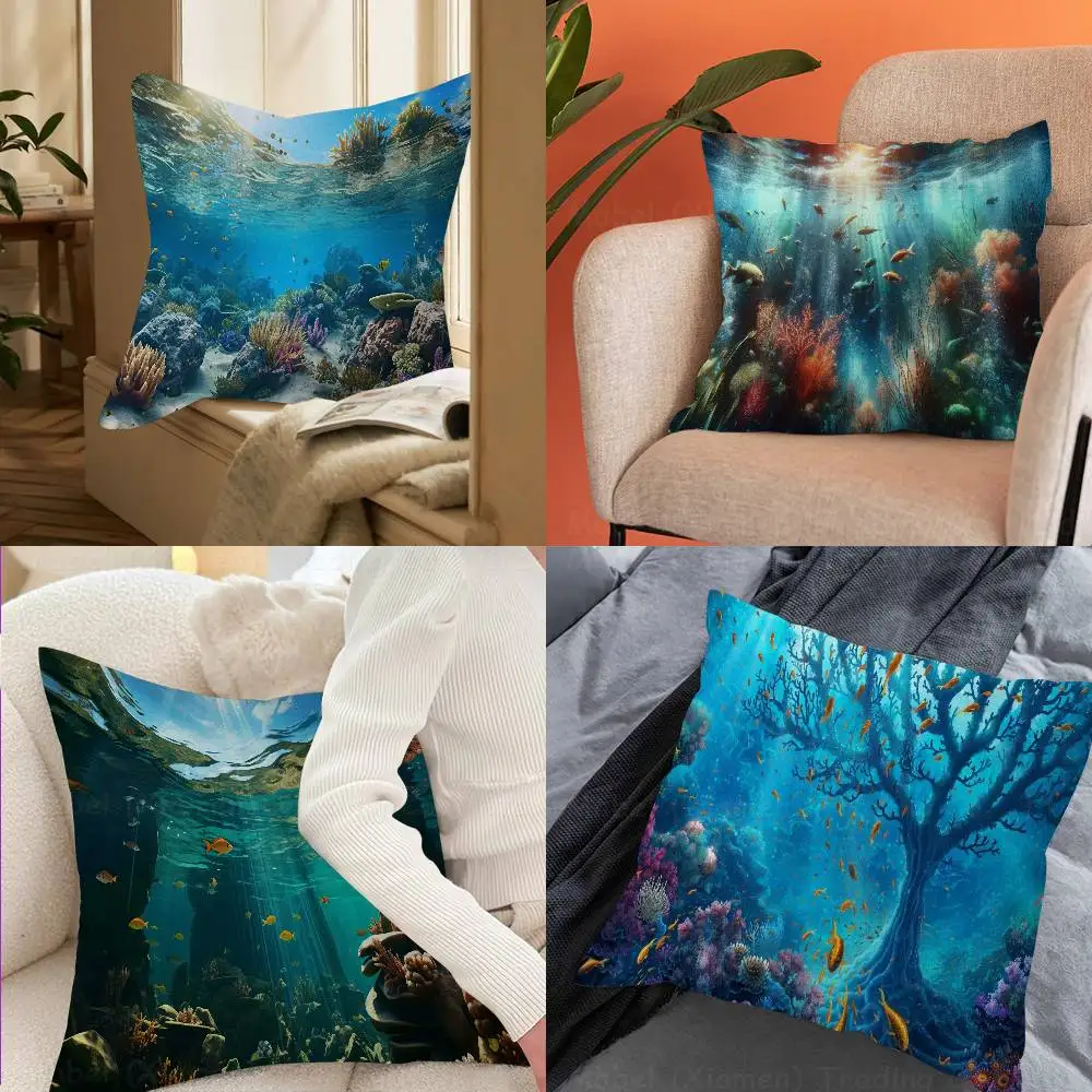 Underwater World Seabed Shark Ocean Undersea Fish Coral Aquarium Office Cushion Pillowcase Cushion Cover 45X45CM Pillowcover