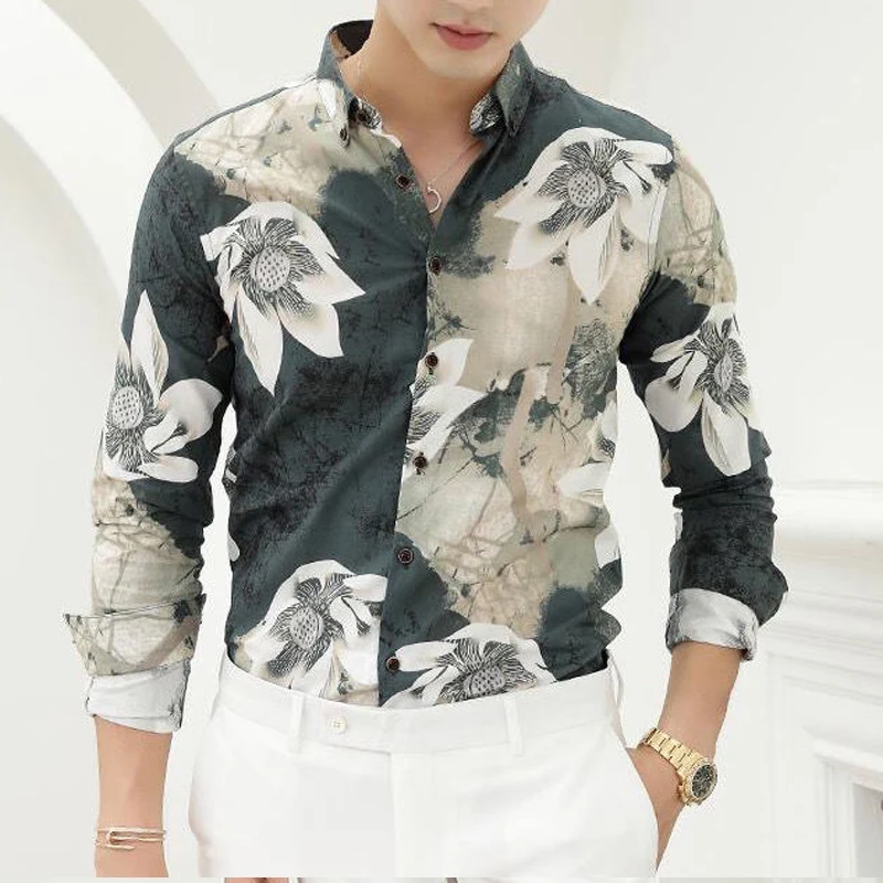 Spring Autumn New Turn-down Collar Fashion Long Sleeve Shirt Man High Street Loose Floral Printing Cardigan Button All-match Top