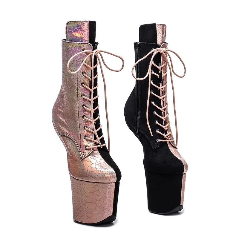 

LAIJIANJINXIA New Heelles Style Snake PU with suede Upper Platform Ankle Boots Sexy Exotic heelless pole dance shoes 008