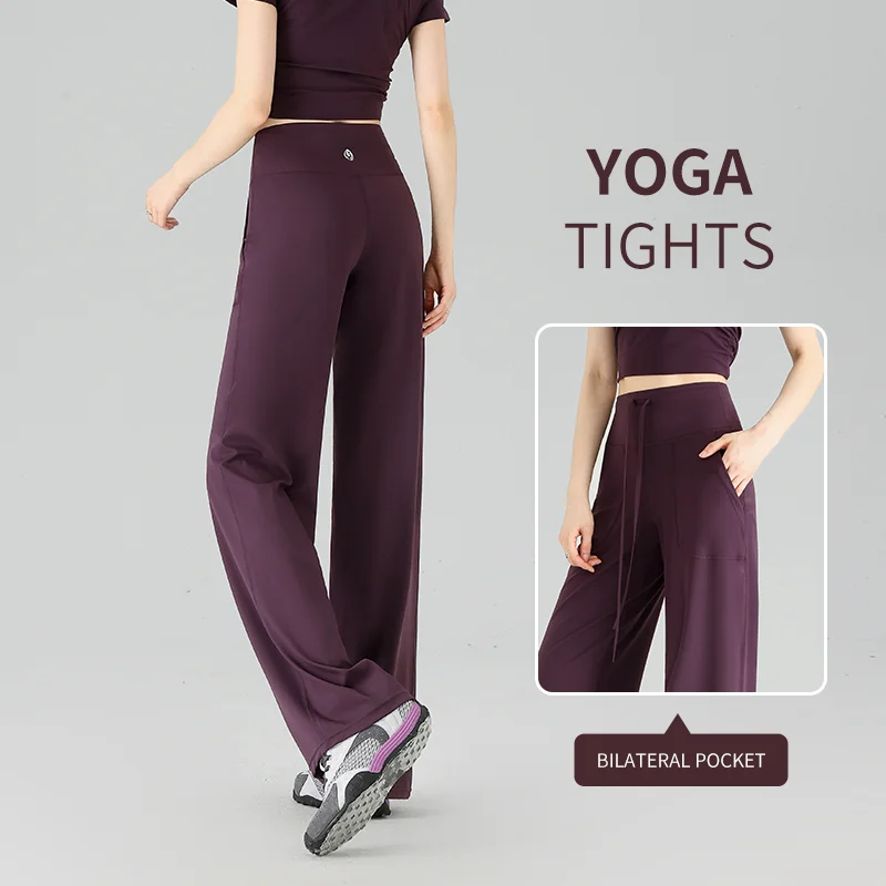Womens Quick Dry Ice Silk Pants Wide Leg Design Drawstring Pockets Sun Protection Slim Draping Summer Casual Trousers