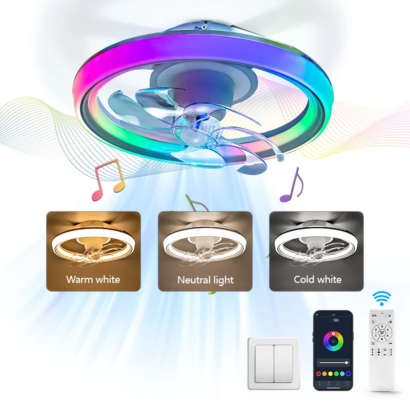 Ventilatore da soffitto a LED intelligente con altoparlante 360 ° Lampadario rotante moderno RGB con telecomando APP, lampadario a 6 velocità per interni domestici