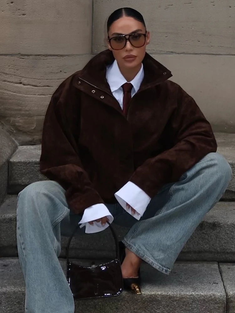 

Women Casual Solid Short Suede Jacket Fashion Solid Chic Lapel Zipper Pocket Loose Jackets Lady Autumn Daily Commute Street Coat