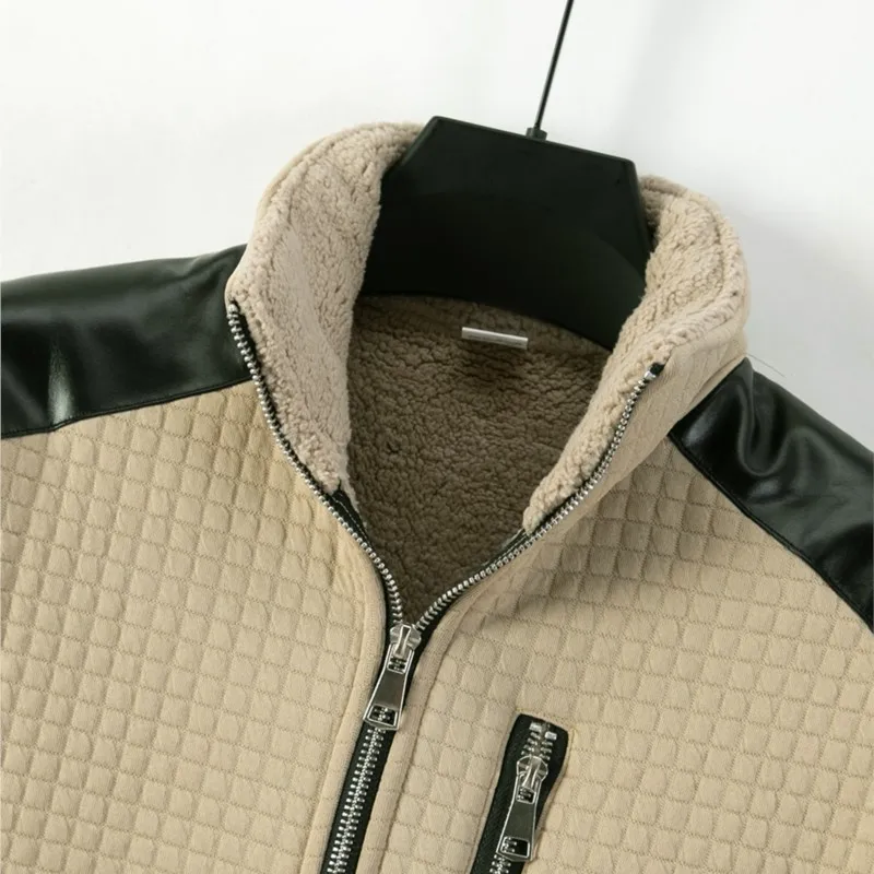 2026 Winter New Men's Jacket Fashion Checkered Color blocked Splicing Zipup Casual Hoodie Outdoors Men's Wool Cold proof Jacket
