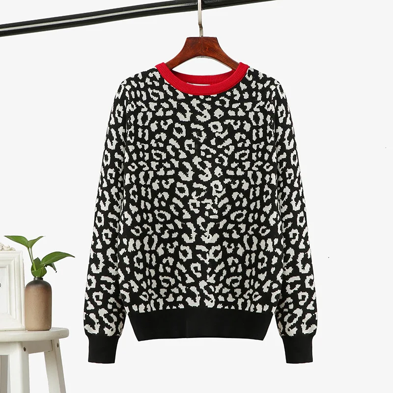 Jersey de punto para mujer, suéter coreano de gran tamaño, lana, leopardo, Jacquard, Otoño e Invierno