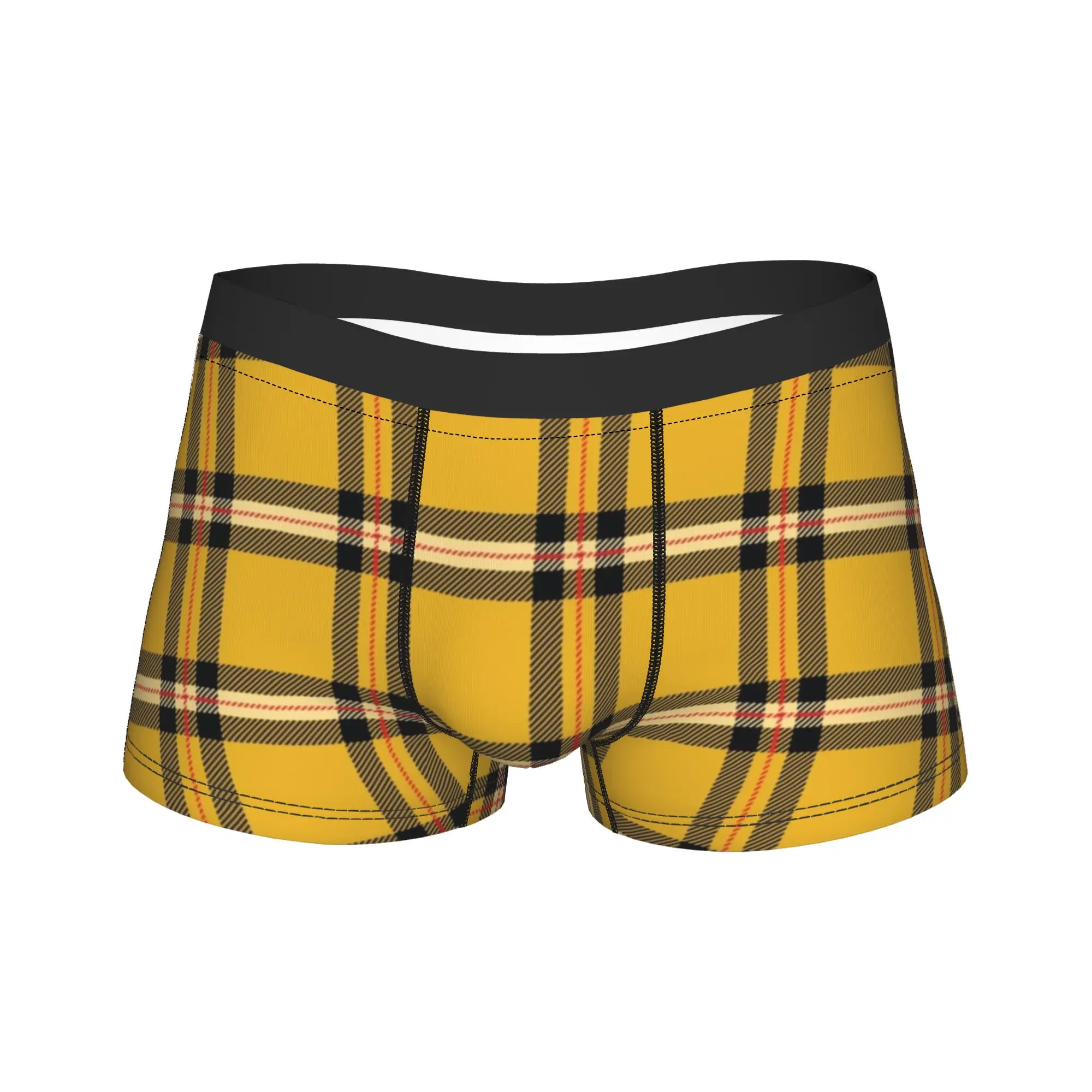 

Men's Yellow Tartan Long Underwear Novelty Boxer Briefs Shorts Panties Male Mid Waist Underpants Plus Size