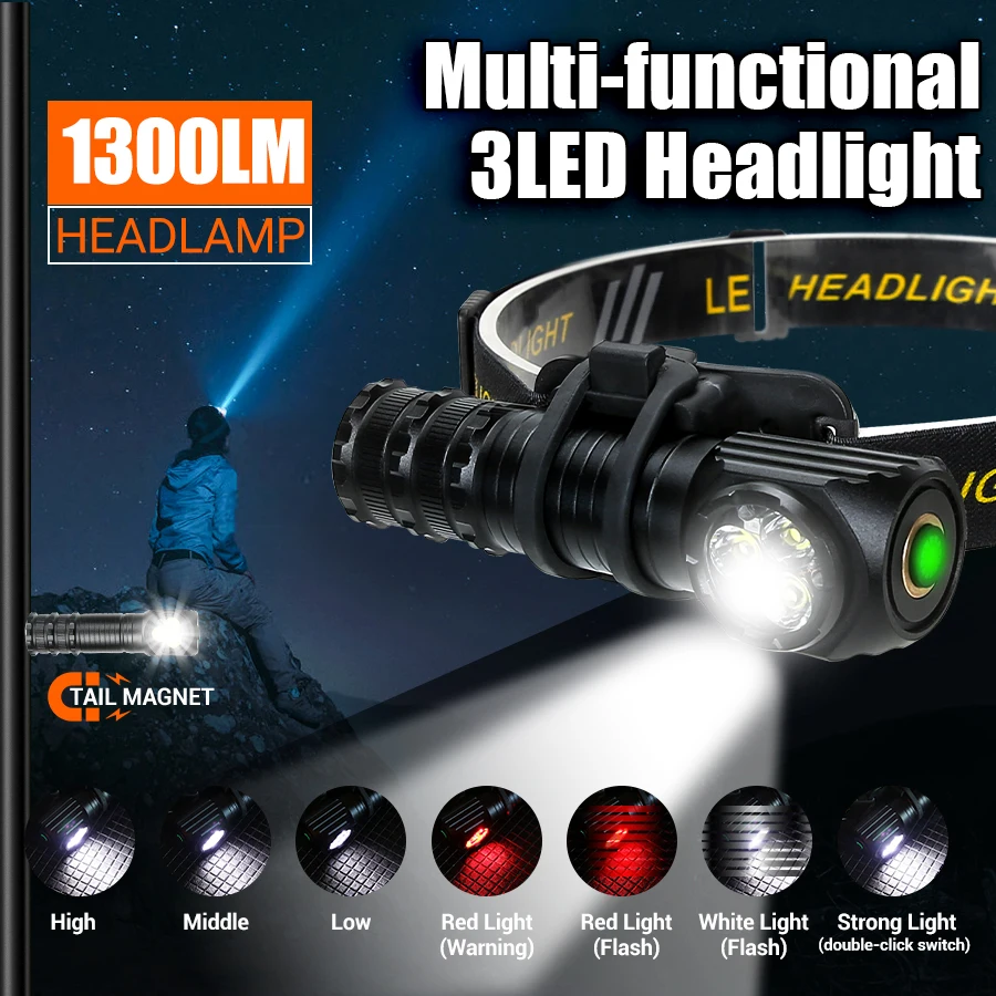 Super Bright 1300LM Aluminum Alloy Headlamp 3*SST20 LED Headlight USB Rechargeable with Magnet Tail Camping Head Flashlight