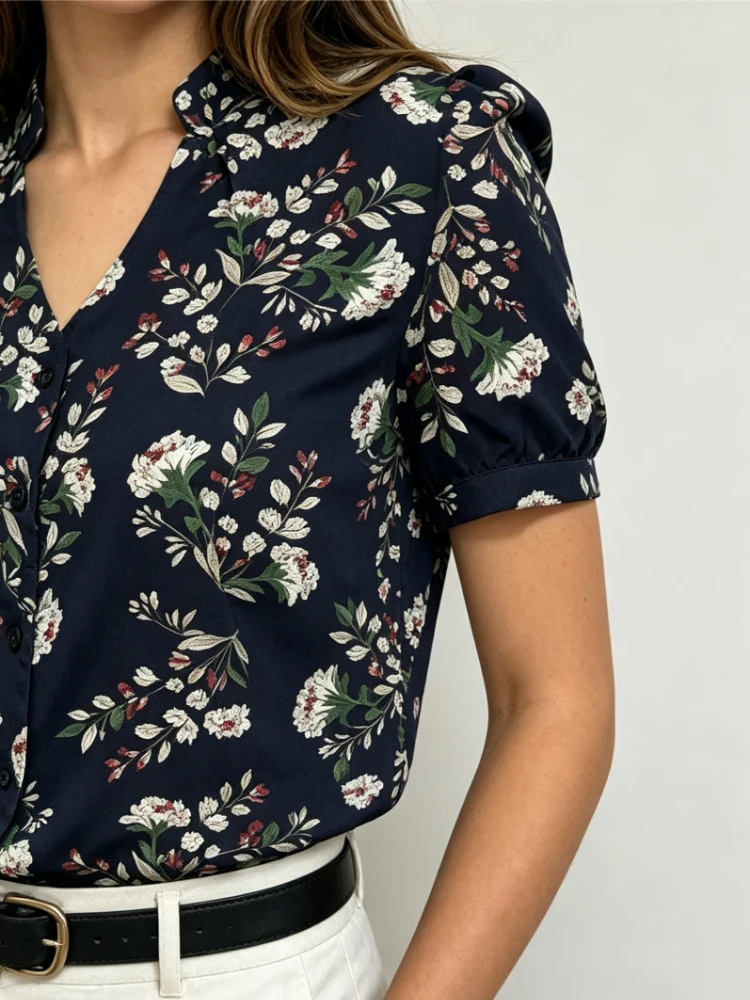 Vintage Chic New Spring Elegant Slim Fit Tops Summer Short Sleeve Floral Print V-neck T-shirts Casual Office Ladies Clothing