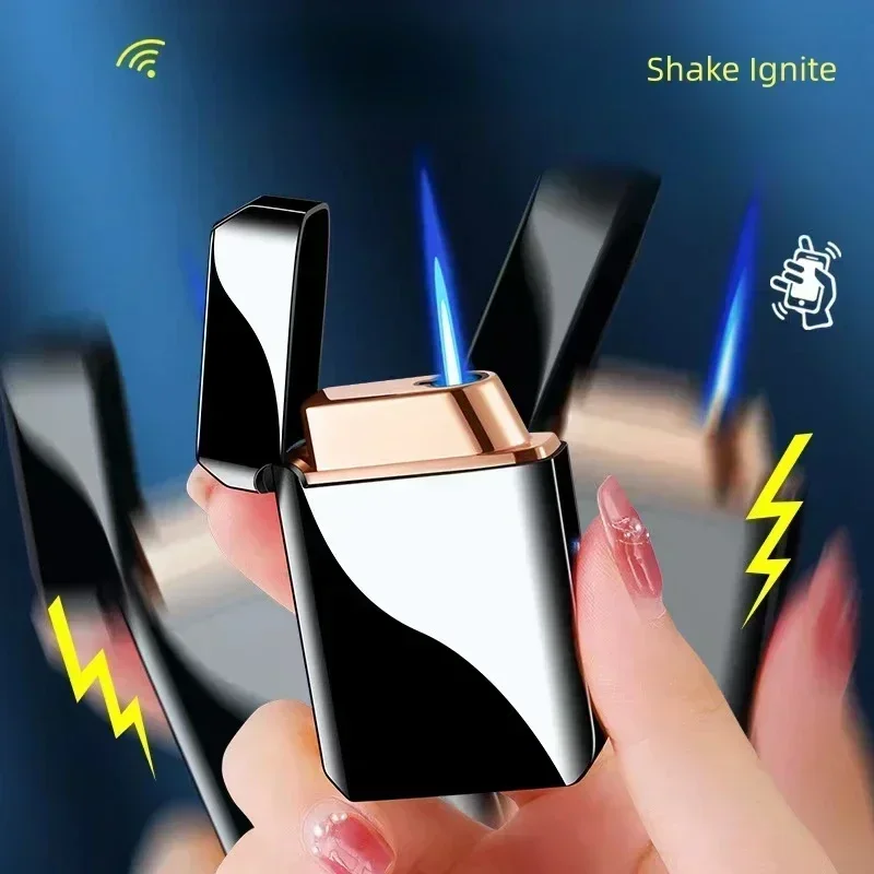 HOT Metal Voice Control Windproof Blue Flame Butane Gas Lighter Visible Gas Window Multiple Ignition Methods USB Lighter Gadget