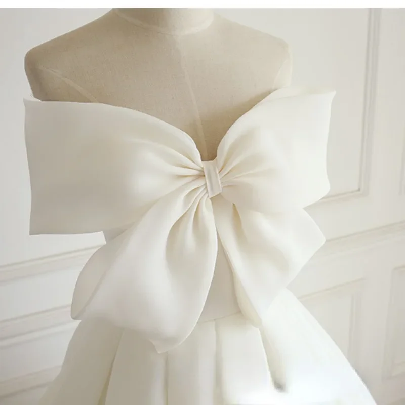 Satin White Wedding Dresses for Bride Elegant Boat Neck Evening Dress Chic Sweet Bow Party Formal Dress Gown Solid Vestido