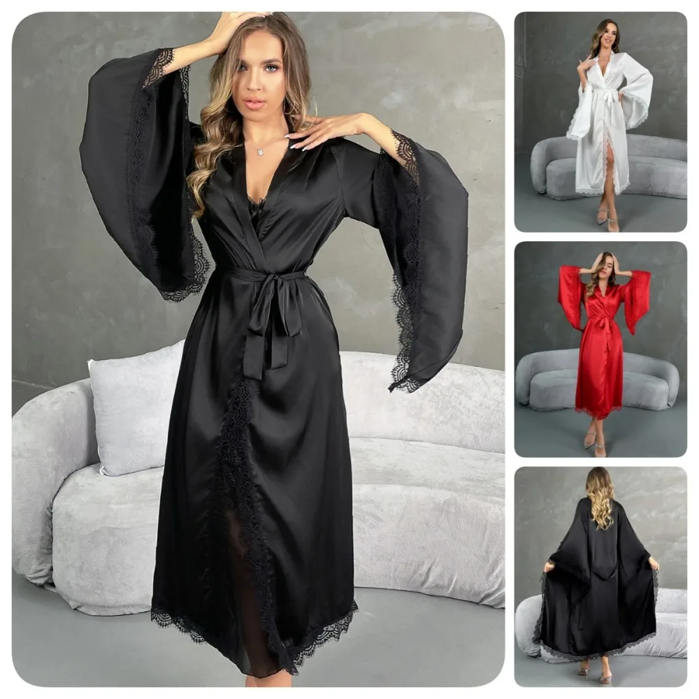 Satin Lace Trim Long Kimono Robe for Women Elegant Bell Sleeve Tie Waist Bathrobe Casual Silky Bridal Morning Gown Loungewear