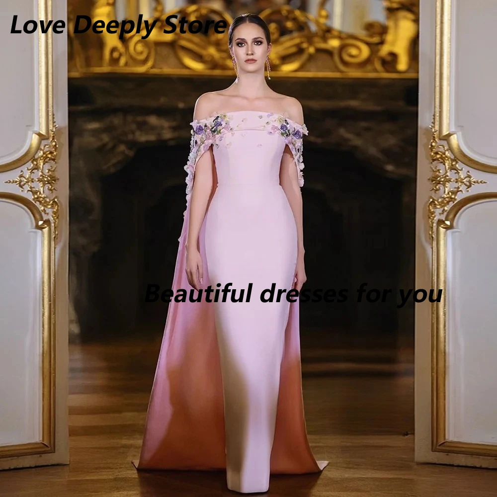 

Pink Evening Dress Arabic Prom Gown Customized Boat Neck Off The Shoulder Flower Straight Saud Special Occasion Dresses
