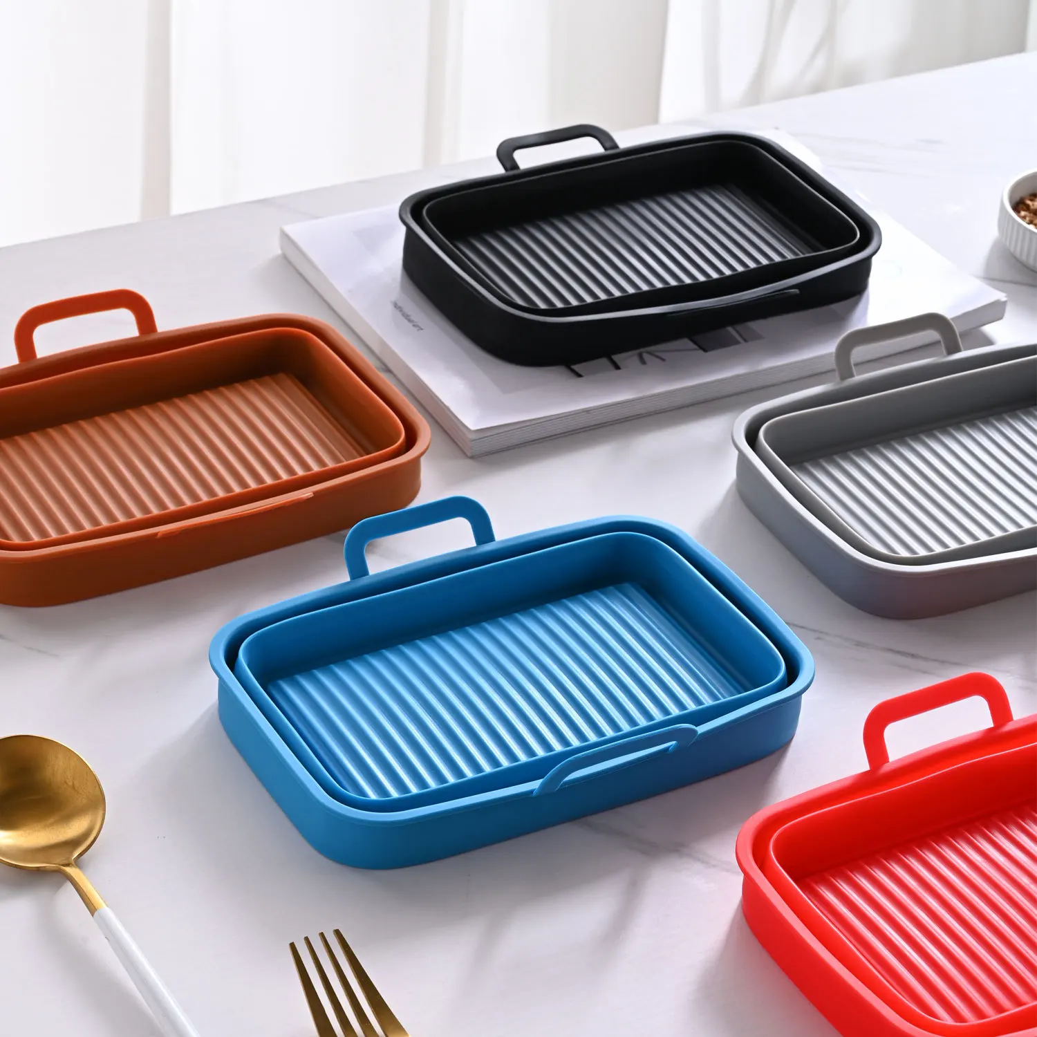 Rectangular Air Fryer Liners With Silicone Anti-Scalding Clip Baking Tray For Ninja Double Basket Foldable Silicone Fryer Plate