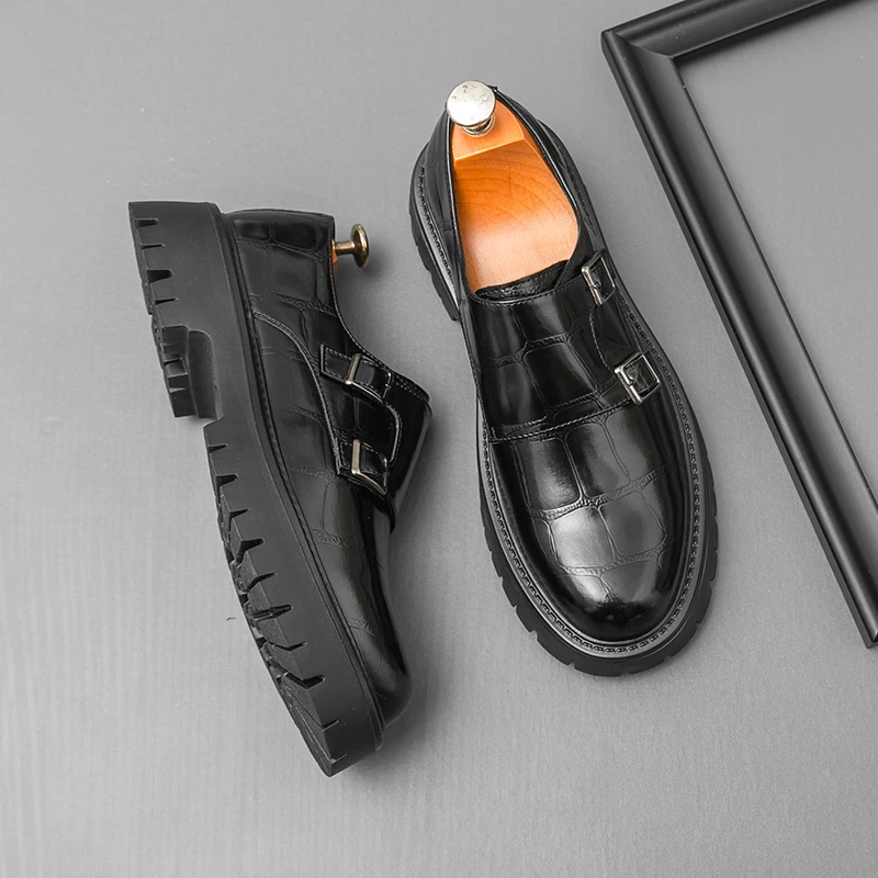 

Retro Men Height-increasing Loafers Black-brown Casua Thick-soled Anti-slip Fashionable Button-up Leather Shoes Social Shoes Men