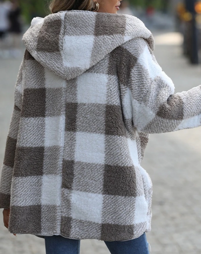 Women's Fleece Plaid Pattern Long Sleeve Fuzzy Hooded Coat Outfits Temperament Commuting Winter Fashion Female Cardigan Jacket