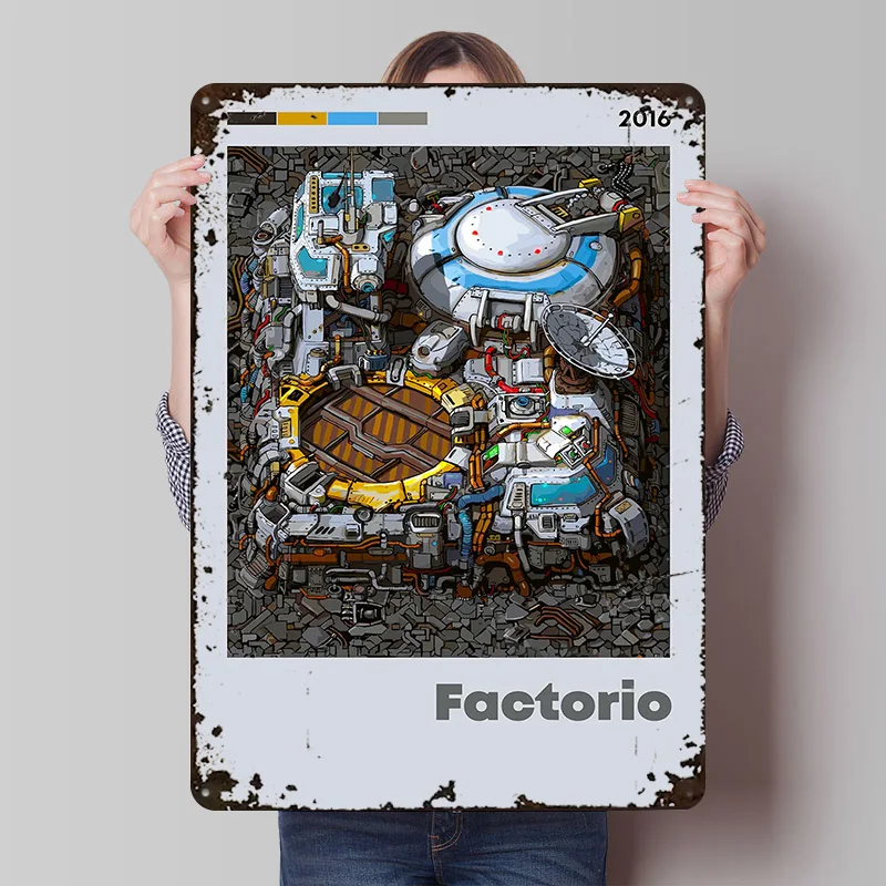 Factorio Spiel-Kunstdruck Poster Individualisierte Retro-Wandkunst Vintage Metallschilder für Männerhöhle-Dekoration Garagenzubehör Haus