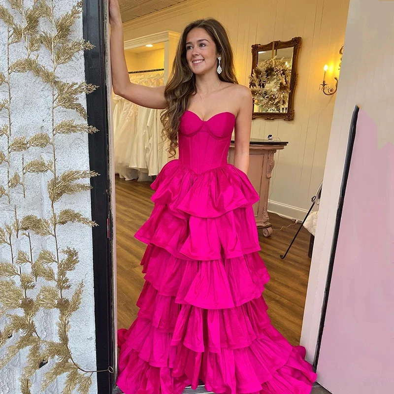 

Fuchsia Saudi Arabia Prom Dresses Sweetheart Ruffled Tiered Party Dress Women Night Cocktail Pageant Prom Gowns Celebrity Dress