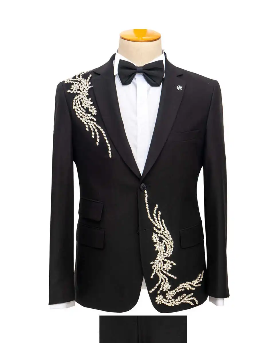 Stylish Man Tuxedos Handmade Crystal 2 Pcs Jacket Pants Men Suit Luxury Notche Lapel Two Button Evening Wedding Groom Customized