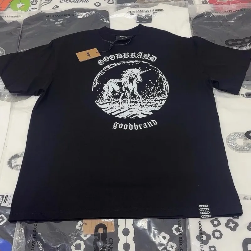 Summer New Pixel Unicorn Pattern GOODBRAND Tshirts Casual Black White Couple Short Sleeve Cotton Loose Street Outfit Men Women
