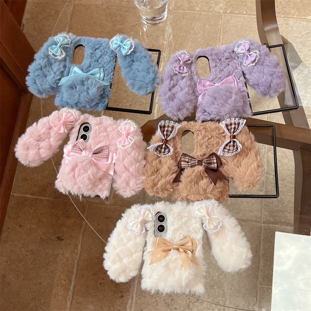 Korean Plaid Cartoon Ears of a rabbit plush Phone Case for Samsung Galaxy Z Fold 8 Ultra Fold 8 Fold 4 5 6 7 8 Cover Phone Cases